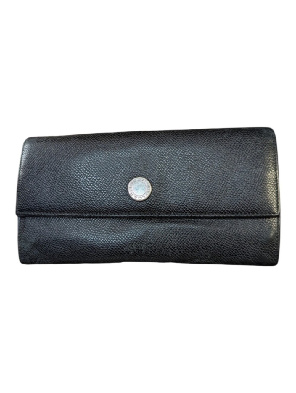 Bvlgari Black Textured Leather Continental Wallet with Silver Logo Button